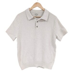 J.Crew Mens Textured Knit Polo Sweater Oatmeal Beige Ribbed Cuffs and Hem M